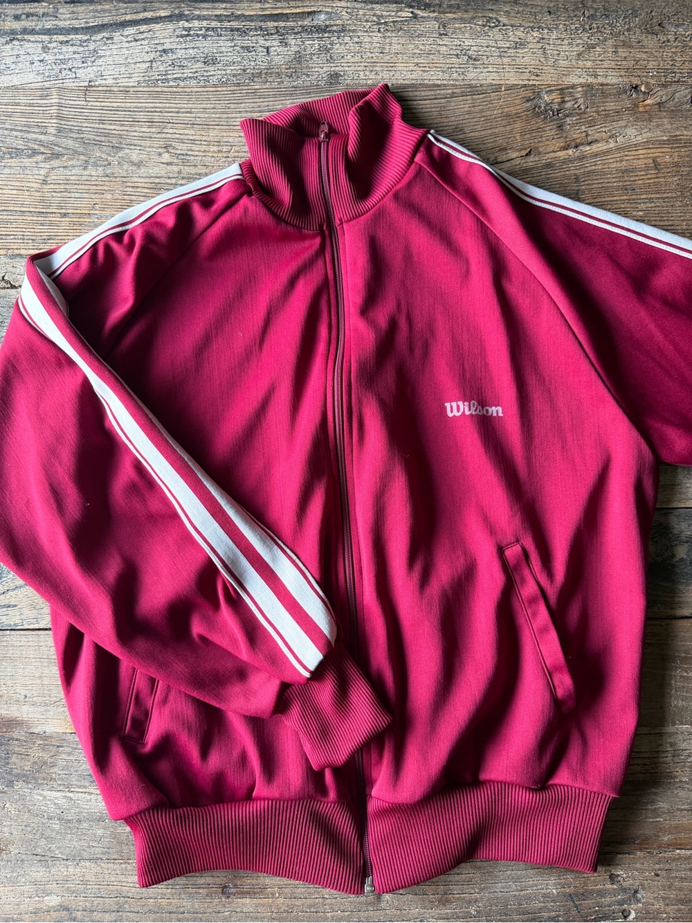 Vintage Wilson Men's Red Zip-Front Track Jacket with White Stripes - 70s